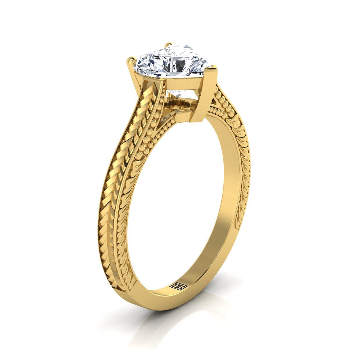18K Yellow Gold Heart Shape Center  Hand Engraved Vintage Cathedral Style Solitaire Engagement Ring