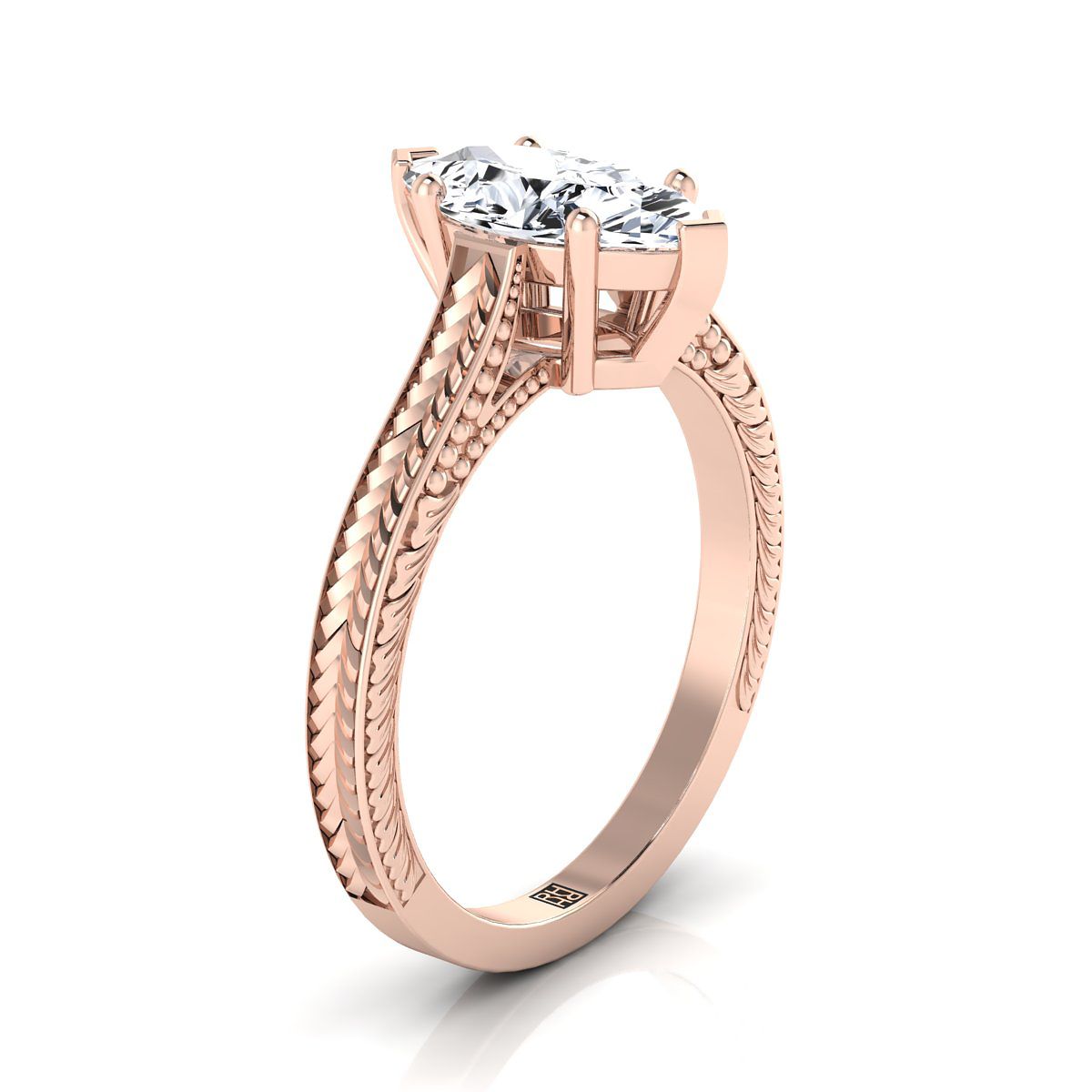 14K Rose Gold Marquise   Hand Engraved Vintage Cathedral Style Solitaire Engagement Ring