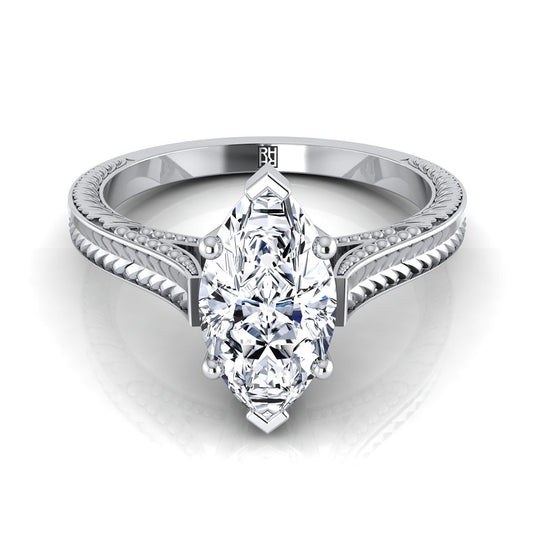 Platinum Marquise   Hand Engraved Vintage Cathedral Style Solitaire Engagement Ring