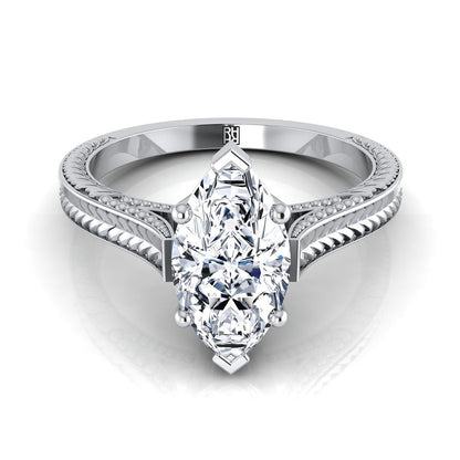 14K White Gold Marquise   Hand Engraved Vintage Cathedral Style Solitaire Engagement Ring