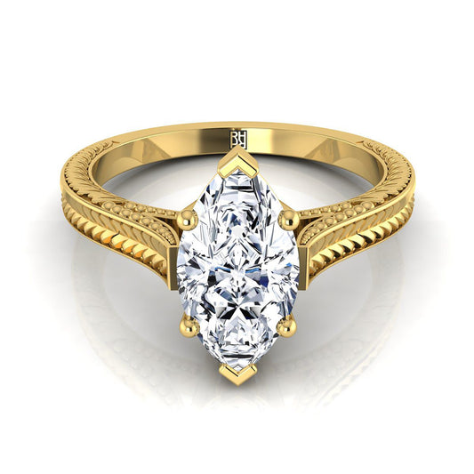 18K Yellow Gold Marquise   Hand Engraved Vintage Cathedral Style Solitaire Engagement Ring