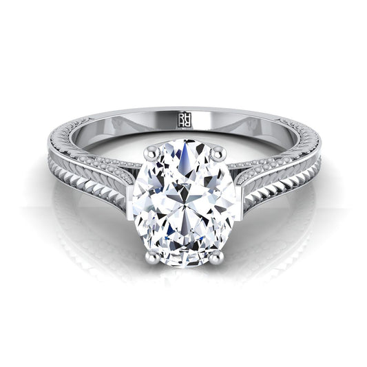 18K White Gold Oval  Hand Engraved Vintage Cathedral Style Solitaire Engagement Ring