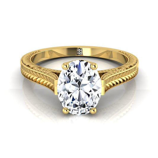 18K Yellow Gold Oval  Hand Engraved Vintage Cathedral Style Solitaire Engagement Ring
