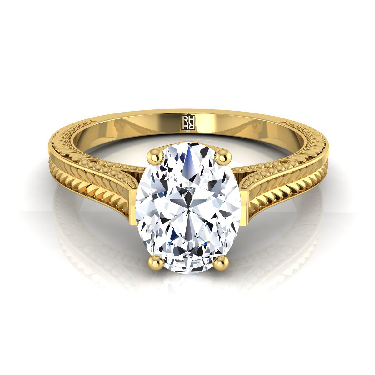 14K Yellow Gold Oval  Hand Engraved Vintage Cathedral Style Solitaire Engagement Ring