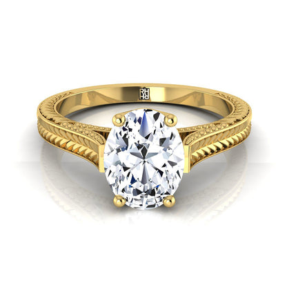 14K Yellow Gold Oval  Hand Engraved Vintage Cathedral Style Solitaire Engagement Ring