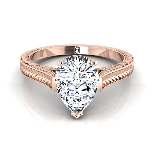 14K Rose Gold Pear Shape Center  Hand Engraved Vintage Cathedral Style Solitaire Engagement Ring