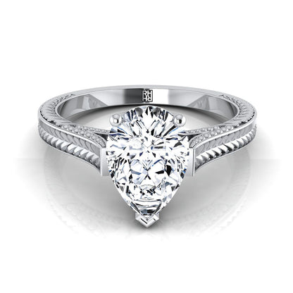 Platinum Pear Shape Center  Hand Engraved Vintage Cathedral Style Solitaire Engagement Ring