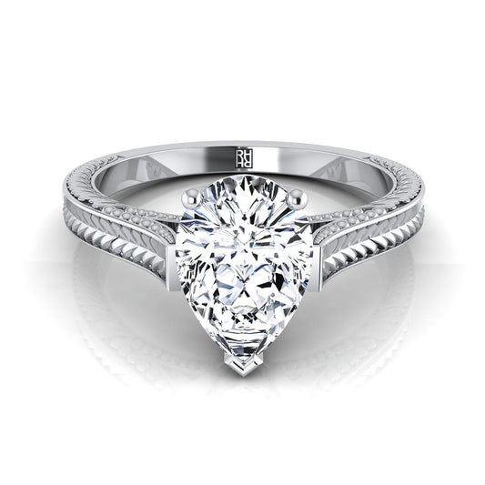 18K White Gold Pear Shape Center  Hand Engraved Vintage Cathedral Style Solitaire Engagement Ring