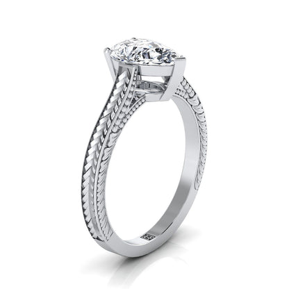 18K White Gold Pear Shape Center  Hand Engraved Vintage Cathedral Style Solitaire Engagement Ring