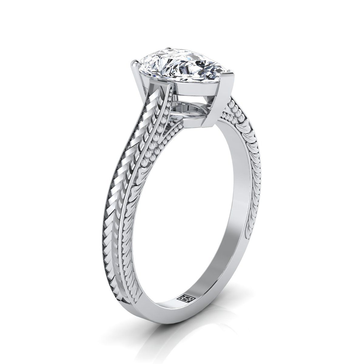14K White Gold Pear Shape Center  Hand Engraved Vintage Cathedral Style Solitaire Engagement Ring