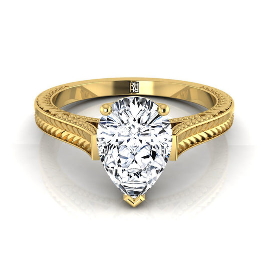 18K Yellow Gold Pear Shape Center  Hand Engraved Vintage Cathedral Style Solitaire Engagement Ring