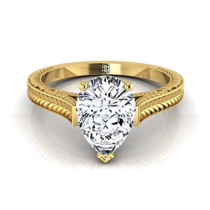 14K Yellow Gold Pear Shape Center  Hand Engraved Vintage Cathedral Style Solitaire Engagement Ring