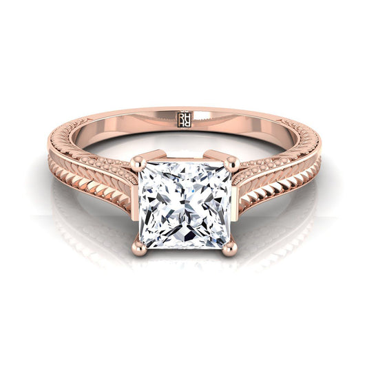 14K Rose Gold Princess Cut  Hand Engraved Vintage Cathedral Style Solitaire Engagement Ring