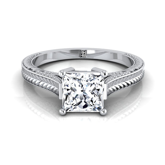 18K White Gold Princess Cut  Hand Engraved Vintage Cathedral Style Solitaire Engagement Ring