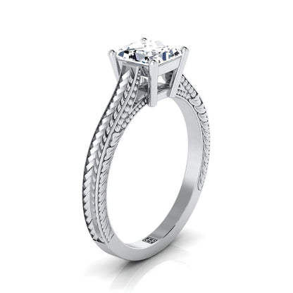 18K White Gold Princess Cut  Hand Engraved Vintage Cathedral Style Solitaire Engagement Ring