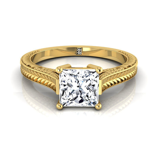 18K Yellow Gold Princess Cut  Hand Engraved Vintage Cathedral Style Solitaire Engagement Ring