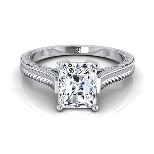 14K White Gold Radiant Cut Center  Hand Engraved Vintage Cathedral Style Solitaire Engagement Ring