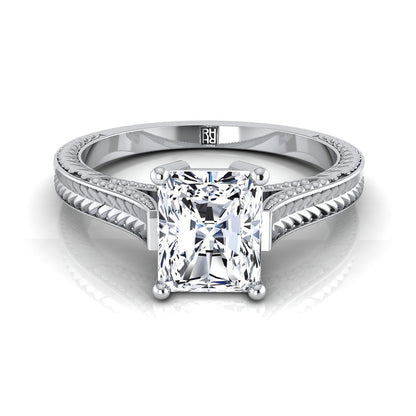 18K White Gold Radiant Cut Center  Hand Engraved Vintage Cathedral Style Solitaire Engagement Ring