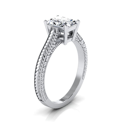18K White Gold Radiant Cut Center  Hand Engraved Vintage Cathedral Style Solitaire Engagement Ring
