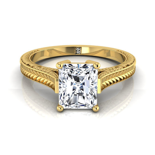 18K Yellow Gold Radiant Cut Center  Hand Engraved Vintage Cathedral Style Solitaire Engagement Ring