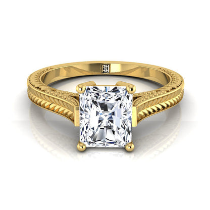 14K Yellow Gold Radiant Cut Center  Hand Engraved Vintage Cathedral Style Solitaire Engagement Ring