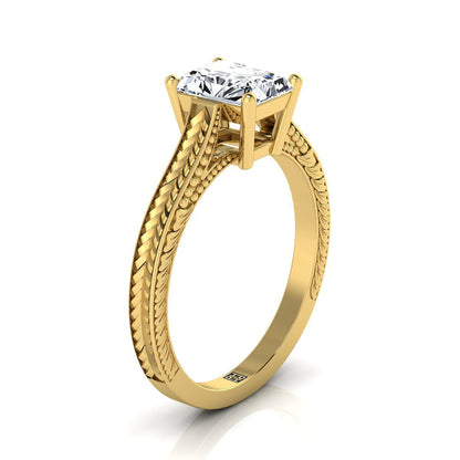 14K Yellow Gold Radiant Cut Center  Hand Engraved Vintage Cathedral Style Solitaire Engagement Ring