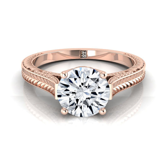 14K Rose Gold Round Brilliant  Hand Engraved Vintage Cathedral Style Solitaire Engagement Ring