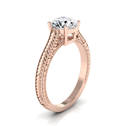 14K Rose Gold Round Brilliant Pink Sapphire Hand Engraved Vintage Cathedral Style Solitaire Engagement Ring