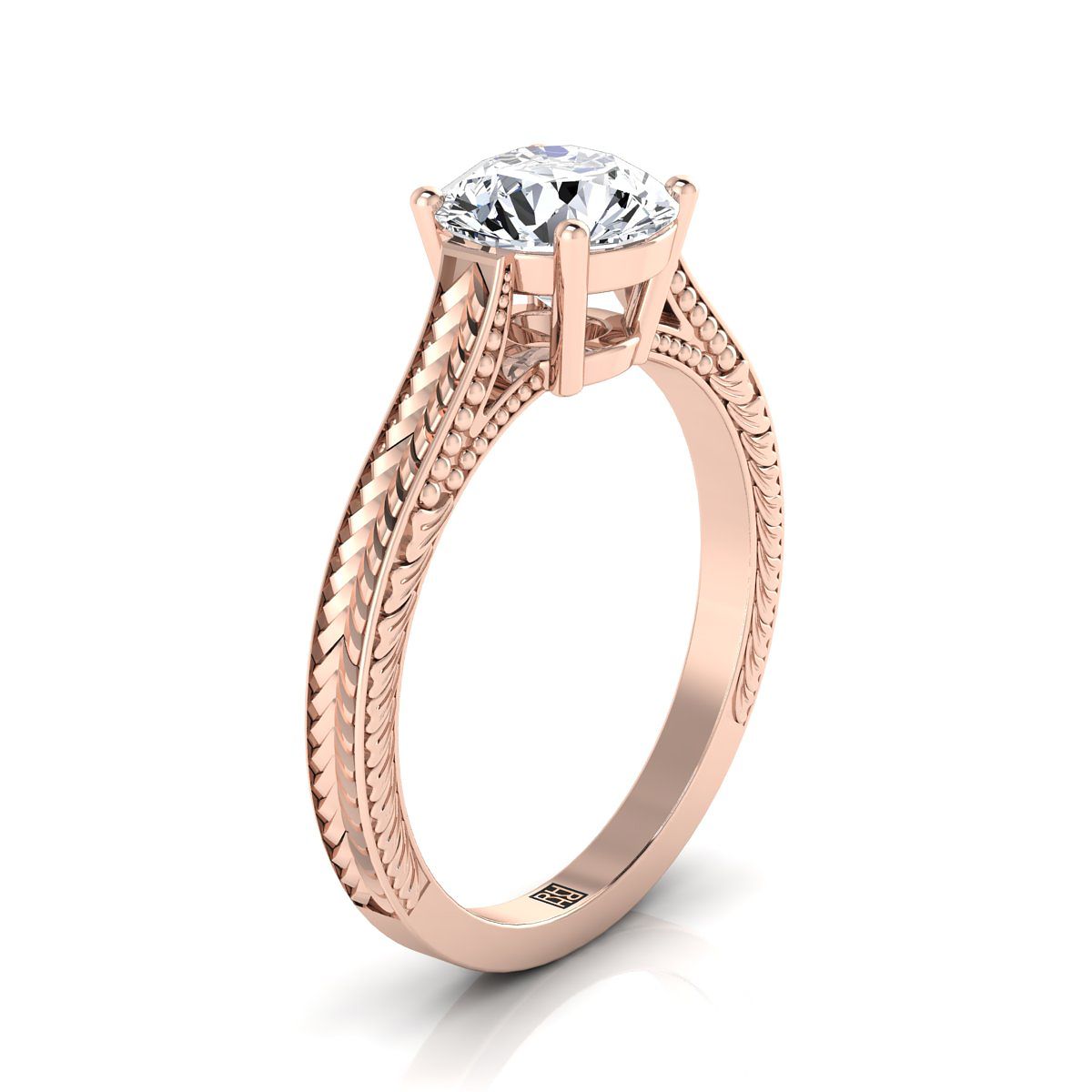 14K Rose Gold Round Brilliant Emerald Hand Engraved Vintage Cathedral Style Solitaire Engagement Ring