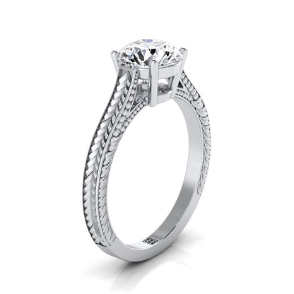 14K White Gold Round Brilliant  Hand Engraved Vintage Cathedral Style Solitaire Engagement Ring