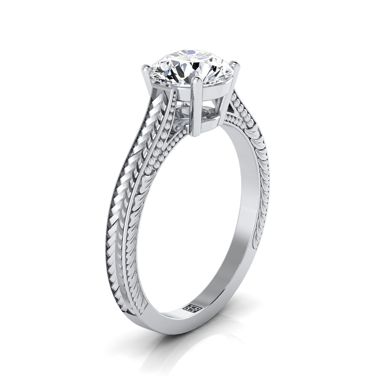 18K White Gold Round Brilliant  Hand Engraved Vintage Cathedral Style Solitaire Engagement Ring