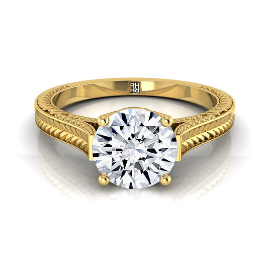 14K Yellow Gold Round Brilliant  Hand Engraved Vintage Cathedral Style Solitaire Engagement Ring