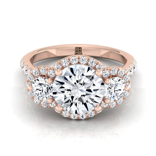 14K Rose Gold Round Brilliant Diamond Timeless Three Stone Halo with French Engagement Ring -3/4ctw