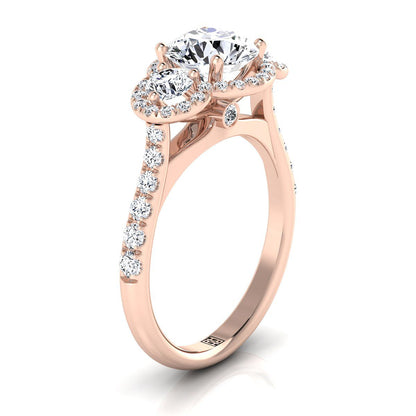 14K Rose Gold Round Brilliant Diamond Timeless Three Stone Halo with French Engagement Ring -3/4ctw