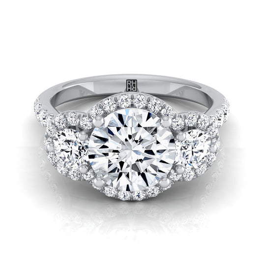 Platinum Round Brilliant Diamond Timeless Three Stone Halo with French Engagement Ring -3/4ctw