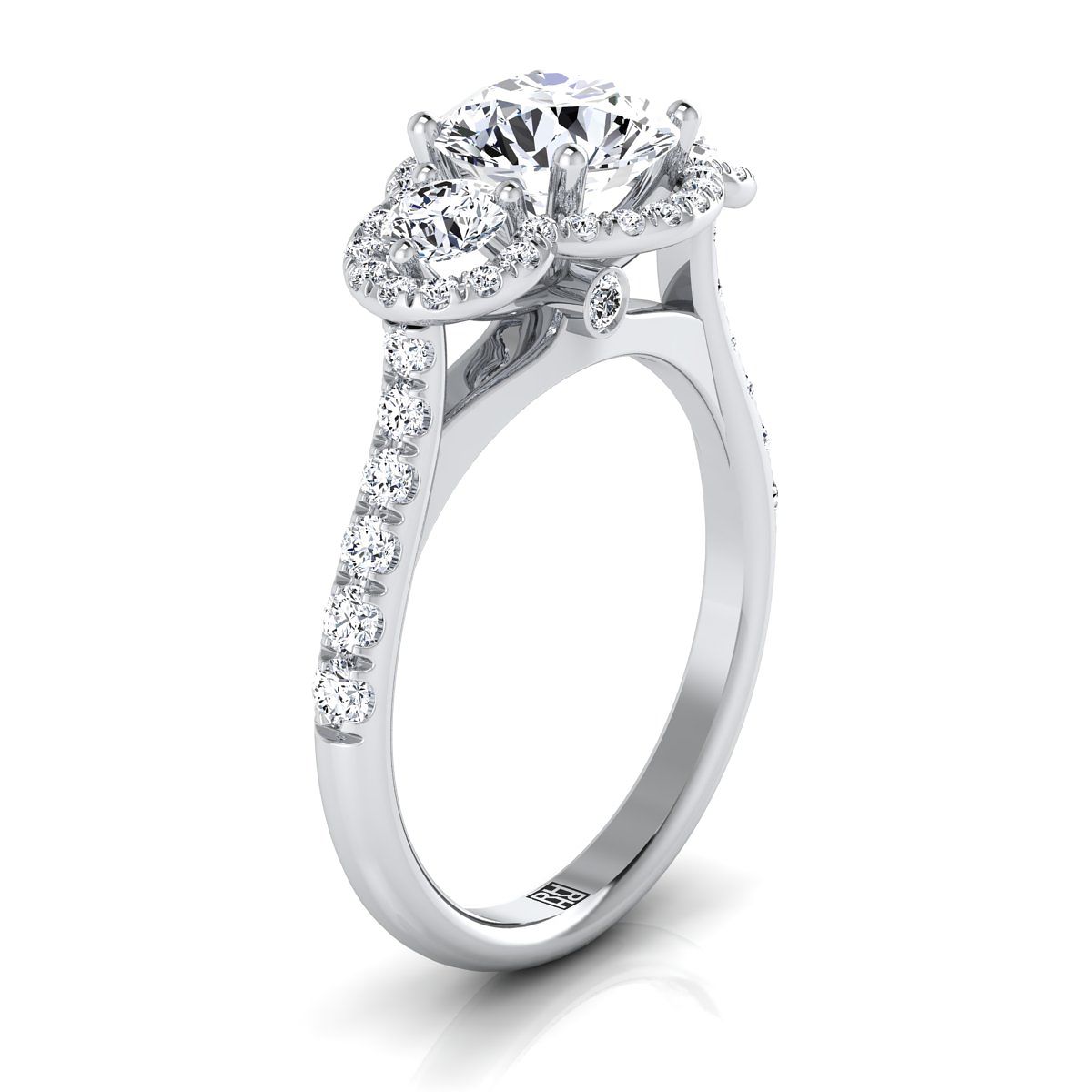 14K White Gold Round Brilliant Diamond Timeless Three Stone Halo with French Engagement Ring -3/4ctw
