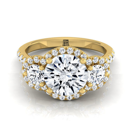 18K Yellow Gold Round Brilliant Diamond Timeless Three Stone Halo with French Engagement Ring -3/4ctw