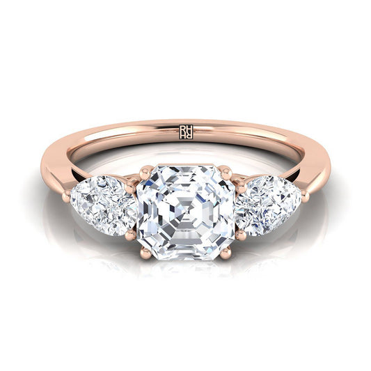 14K Rose Gold Asscher Cut Diamond Perfectly Matched Pear Shaped Three Diamond Engagement Ring -7/8ctw