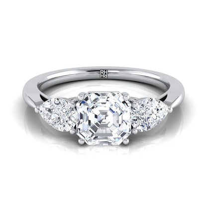 14K White Gold Asscher Cut Diamond Perfectly Matched Pear Shaped Three Diamond Engagement Ring -7/8ctw