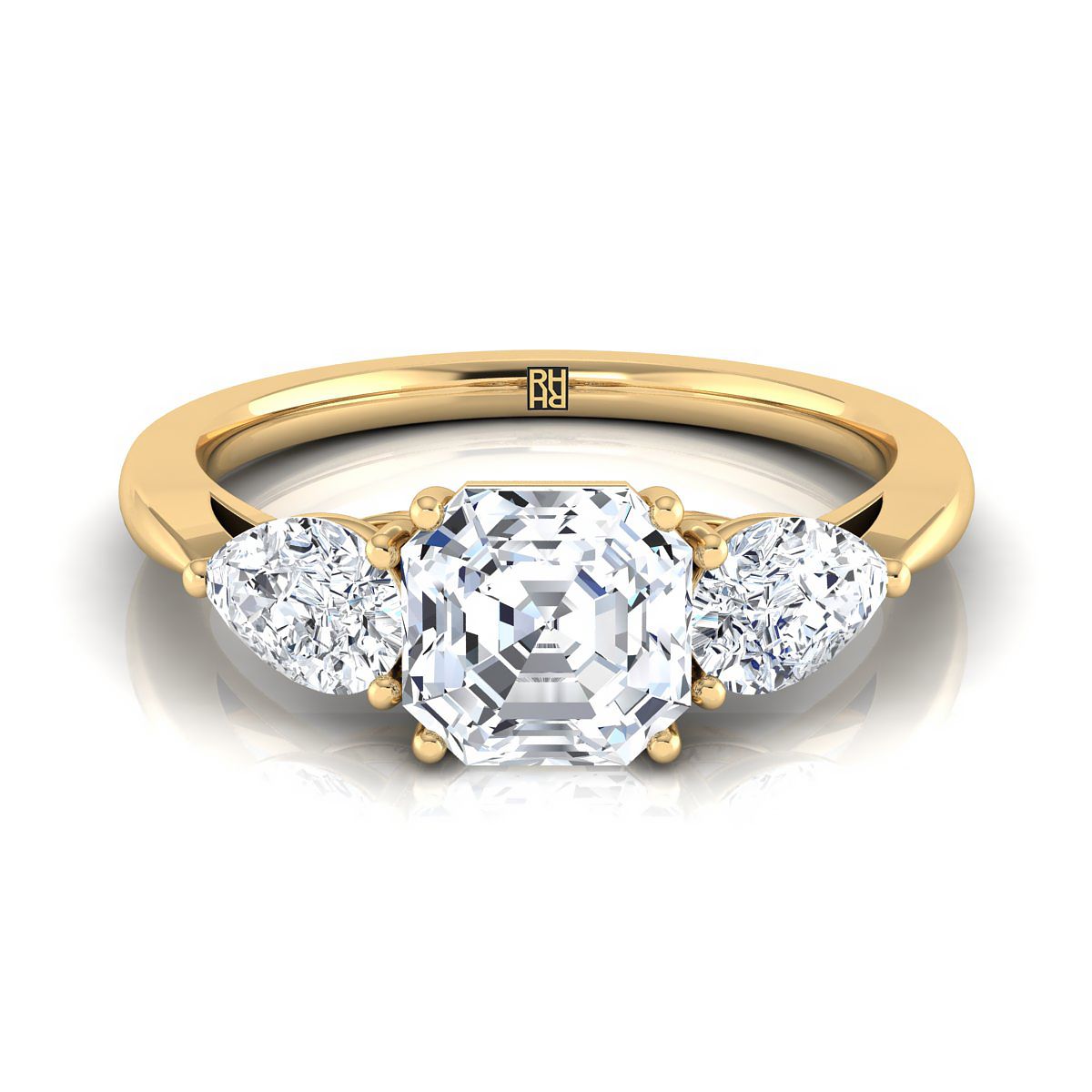 18K Yellow Gold Asscher Cut Diamond Perfectly Matched Pear Shaped Three Diamond Engagement Ring -7/8ctw