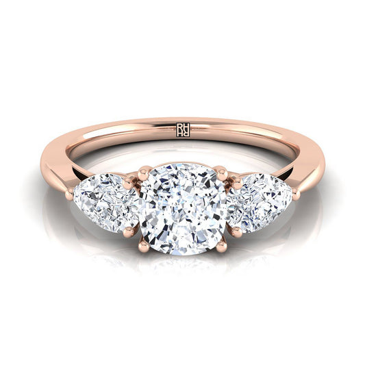 14K Rose Gold Cushion Diamond Perfectly Matched Pear Shaped Three Diamond Engagement Ring -7/8ctw