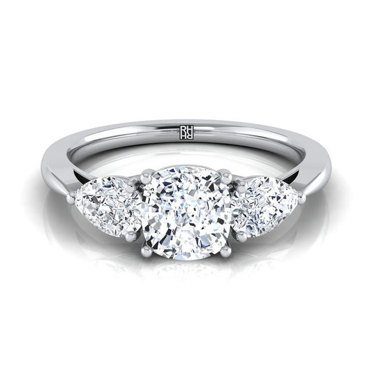 14K White Gold Cushion Diamond Perfectly Matched Pear Shaped Three Diamond Engagement Ring -7/8ctw