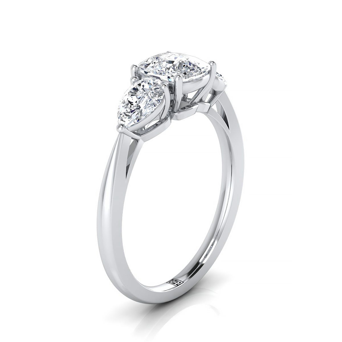 18K White Gold Cushion Diamond Perfectly Matched Pear Shaped Three Diamond Engagement Ring -7/8ctw