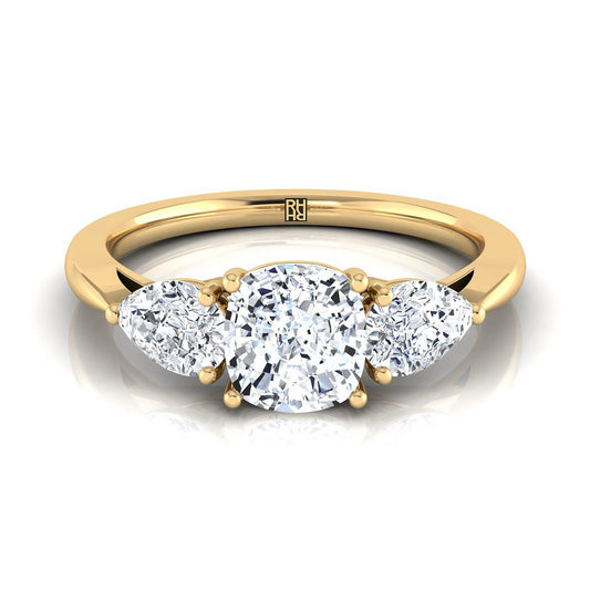 18K Yellow Gold Cushion Diamond Perfectly Matched Pear Shaped Three Diamond Engagement Ring -7/8ctw
