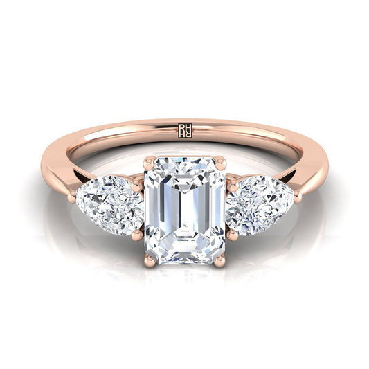 14K Rose Gold Emerald Cut Diamond Perfectly Matched Pear Shaped Three Diamond Engagement Ring -7/8ctw