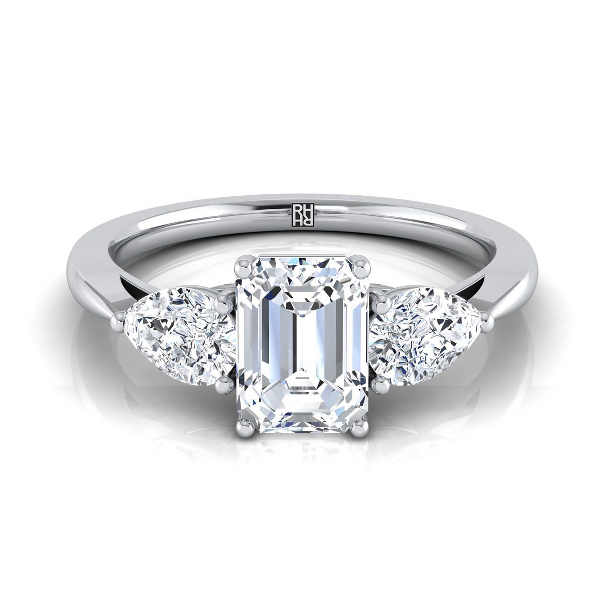 18K White Gold Emerald Cut Diamond Perfectly Matched Pear Shaped Three Diamond Engagement Ring -7/8ctw