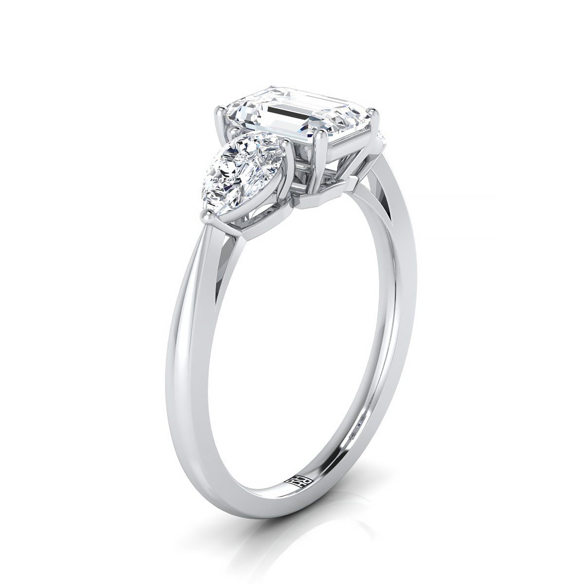 18K White Gold Emerald Cut Diamond Perfectly Matched Pear Shaped Three Diamond Engagement Ring -7/8ctw