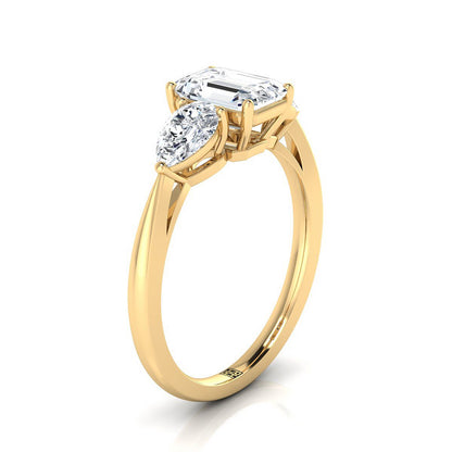 18K Yellow Gold Emerald Cut Diamond Perfectly Matched Pear Shaped Three Diamond Engagement Ring -7/8ctw