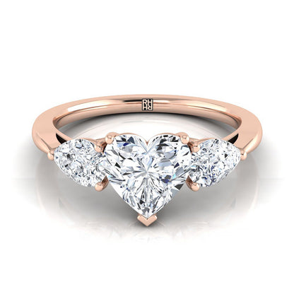 14K Rose Gold Heart Shape Center Diamond Perfectly Matched Pear Shaped Three Diamond Engagement Ring -7/8ctw