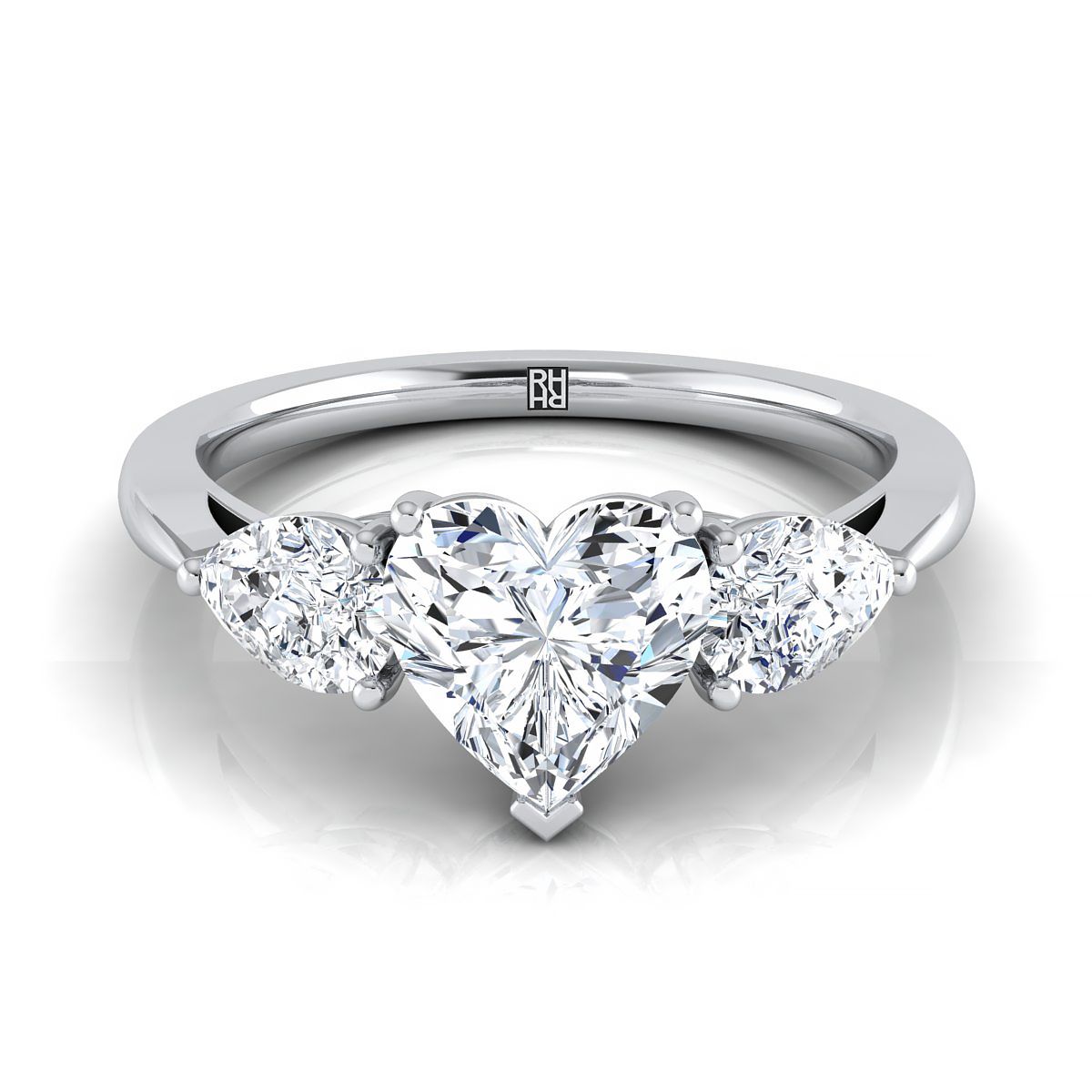 18K White Gold Heart Shape Center Diamond Perfectly Matched Pear Shaped Three Diamond Engagement Ring -7/8ctw